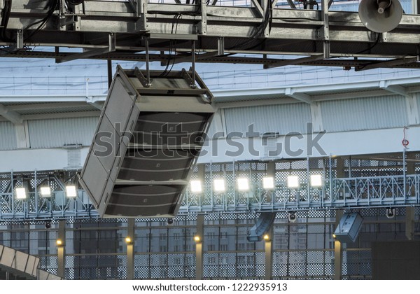 Professional Loud Speaker System Mounted Stadium Stock Photo Edit