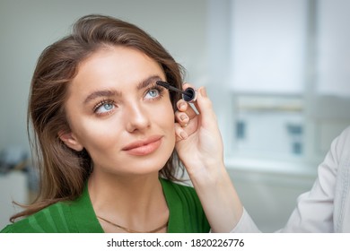 Professional Makeup Artist Applying Mascara On Lashes Of Beautiful Young Caucasian Woman In Beauty Salon