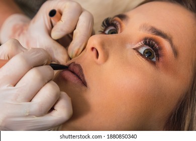 Professional Makeup Artist Painting The Lips Of A Young Blonde Woman - Beautiful Young Woman Beautifying Herself In A Beauty Salon.