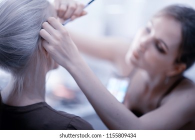 professional make-up in the beauty salon / master makes a professional fresh summer make-up of a beautiful model in the salon - Shutterstock ID 1155809434