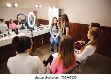 Professional Makeup Teacher Training Her Student Girl To Become Makeup Artist. Makeup Tutorial Lesson At Beauty School. Master Class. Real People. 