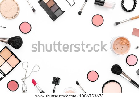 Professional makeup tools. Makeup tools brushes. Flat composition. magazines, social media. Top view. Flat lay.