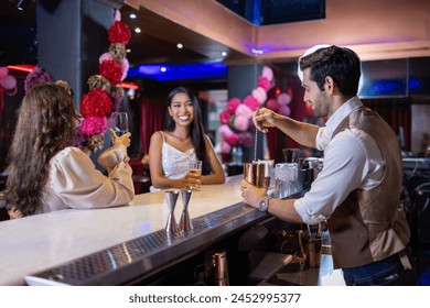 A professional male bartender mixing a drink with a cocktail shaker at a well-stocked bar, displaying expertise and style. - Powered by Shutterstock