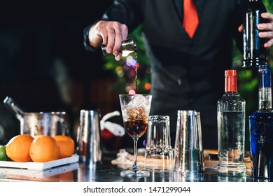 Professional Male Bartender Prepare Mixing Cocktail Drink At Village Night Party Celebration, Extra Work Job Service Customer Outdoor People Lifestyle.