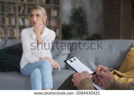 Professional male doctor listening pensive woman patient discussing medical mental health. Man lawyer consulting sad female to legal divorce process winning. Job business occupation informal meeting