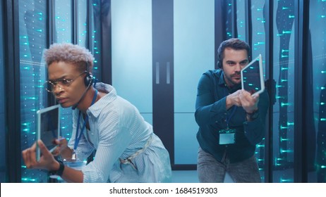 Professional Male And Female Secret Agents Walking In Server Room Pointing Digital Guns At Camera. Cute Cat Relaxing On The Floor At Data Center Rack Servers. Fun Scene. Humor Concept.