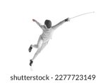 Professional male fencer in fencing costume training with sword isolated on white studio background. Concept of sport, competition, professional skills, achievements. Fencing technique