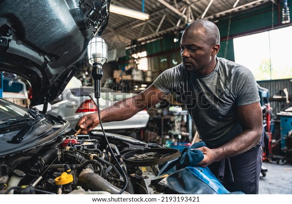 Professional male mechanic measuring the oil\
level of the car oil engine in the\
garage.