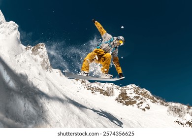 Professional male snowboarder jumps in powder snow from kicker against white snow capped mountains and blue sky. Freeride concept at ski resort