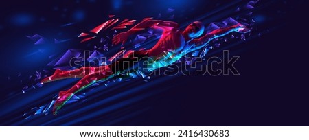 Professional male swimmer in swimming cap and goggles in motion on blue background with polygonal and fluid neon elements. Concept of sport, action, competition, tournament. Banner for sport events