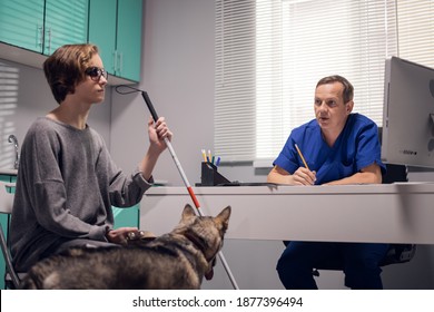 A professional male veterinarian examining a guide dog in a vet clinic.