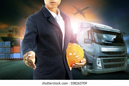 Professional Man And Container Truck ,ship In Port  Freight Cargo Plane Flying Above For Logistic And Transport Business