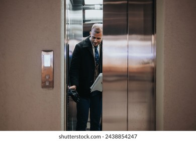 A professional man exits an elevator while reviewing papers, illustrating business mobility and corporate lifestyle.