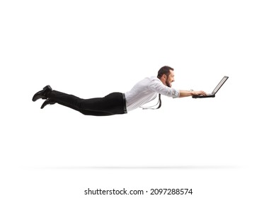 Professional Man Flying And Working On A Laptop Computer Isolated On White Background