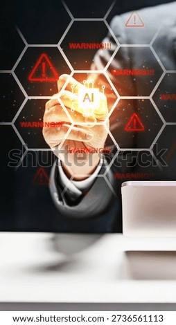 A professional man interacts with a digital screen displaying AI chip icons surrounded by red warning signs and error messages, highlighting risks and cybersecurity threats in technology