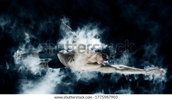 Professional man in swimming pool. Sports\
banner. Horizontal copy space\
background