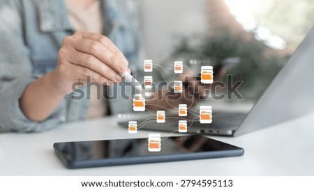 Professional managing digital files and cloud documents on tablet and laptop with connected folder network interface. Modern data organization, document management and cloud computing concept.