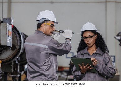 Professional manufacturing engineers performing precision quality inspection while recording measurement data on a digital tablet in a modern industrial factory. 
