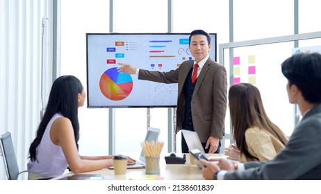 Professional Marketing Manager Presenting Pie Chart Of Business Strategy Planing Communicating With Marketing Officer Team In Meeting Hour In Conference Room Business Working Concept