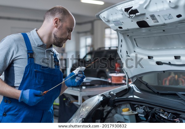 Professional mechanic\
doing a vehicle inspection, he is checking a car\'s oil level and\
quality using a\
dipstick