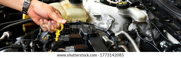 A professional mechanic\
is holding the oil dipstick check the oil level in car\
engine,banner side