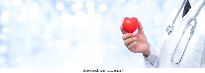 Professional Medical Doctor Holding A Red Heart Ball On Blur Office In The Hospital And Bokeh Background. Concept Of Health Care.