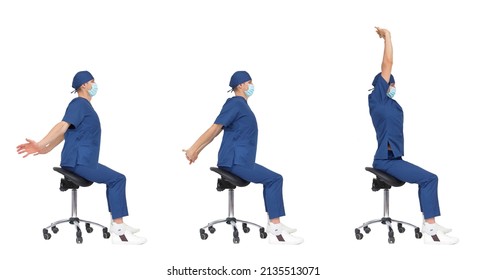 Professional medical male stretching arms, back,neck sitting on mobile saddle - profile view