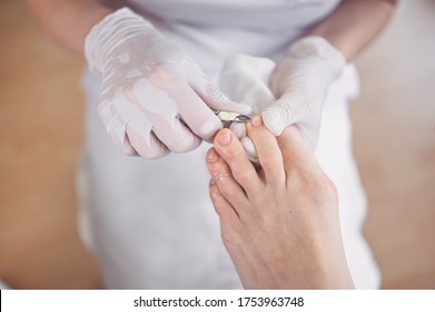 Professional medical pedicure procedure close up using nail clippers instrument. Patient visiting chiropodist podiatrist. Foot treatment in SPA salon. Podiatry clinic. Pedicurist hands in white gloves
