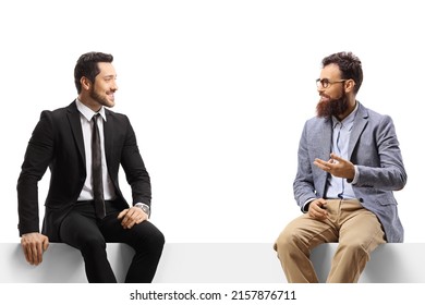 Professional Men Sitting On A Blank Panel And Talking Isolated On White Background