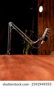 A professional microphone is attached to a robust arm, positioned on a wooden table within a well-decorated podcast studio. The surrounding ambiance is cozy with warm lighting.