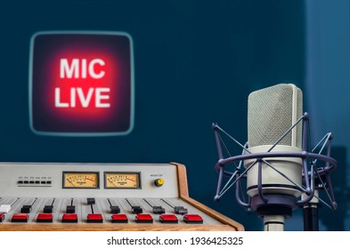 Professional Microphone, Audio Console And On Air Sign In Radio Station Studio