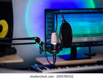 Professional Microphone In A Music Studio Or Radio Studio. Condenser Microphone For Studio Voice Recording.