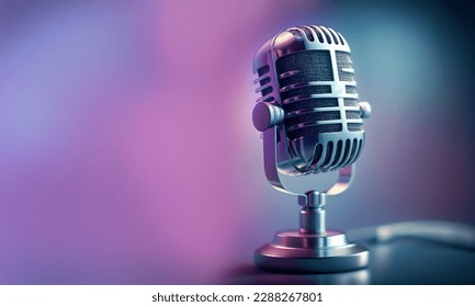 Professional microphone with pink purple background banner, Podcast or recording studio background copy space space for text