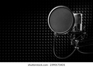 Professional microphone with pop shield on the stand. Recording studio with black noise cancelling wall. - Powered by Shutterstock
