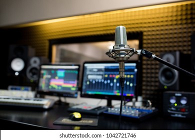 Professional Microphone In The Recording Studio.