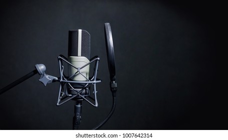 Professional Microphone In Recording Studio, Professional Studio Background With Space For Text