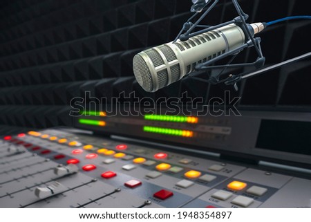 professional microphone, sound mixer in radio station studio