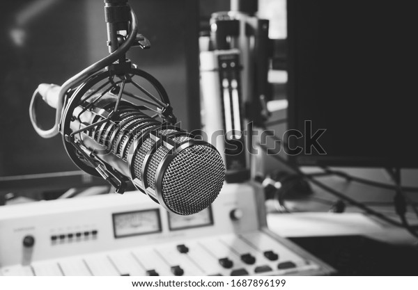 professional\
microphone in studio radio\
station