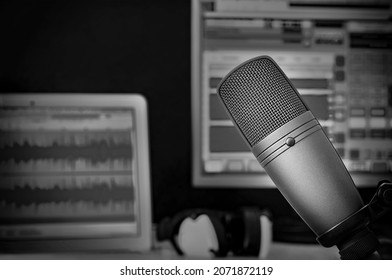 Professional Microphone And Wave Form On The Screen