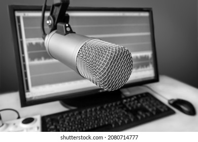 Professional Microphone And Wave Form On The Screen