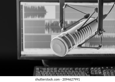 Professional Microphone And Wave Form On The Screen