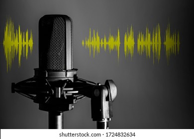 Professional Microphone With Yellow Voice Waveform On Dark Background, Sound Studio Recording 