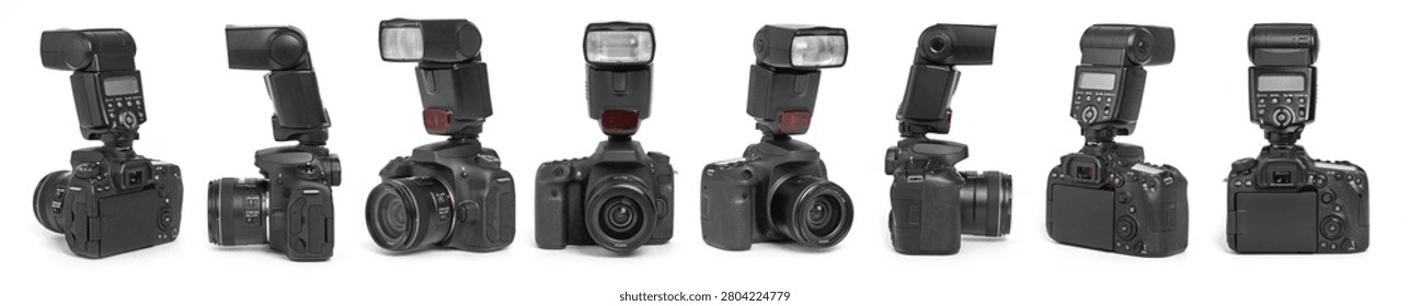 Professional mirrorless camera with external flash isolated collection, multi angles