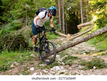Professional mountain bike cyclist riding a trail in the forest. Active healthy lifestyle. Extreme action sports outdoor. Adventure travel. Young man rides a bicycle in nature.