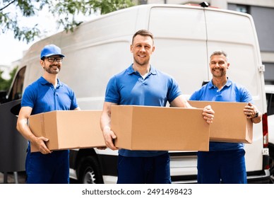 Professional Movers Loading a Van with Boxes for a House Move, Efficient Truck Driver Executing Relocation Services With Team. - Powered by Shutterstock