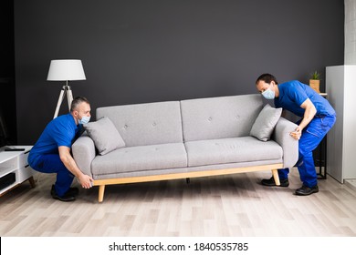 Professional Movers Moving Couch Furniture In Face Mask