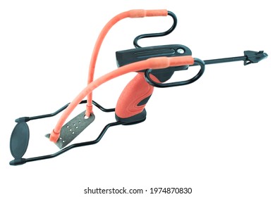 Professional Orange Slingshot Isolate On White Background. Modern Slingshot With Ergonomic Grip With Tubular Bands.