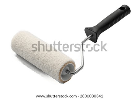 A professional paint roller tool featuring a clean white textured nap cover and an ergonomic black plastic handle. This essential home improvement and wall painting instrument is isolated on a transparent background.