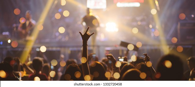 Professional Party Concert. Entertainment Concert People Joyful and Applauding . Celebration party festival happiness. Social online event. Concert Show with DJ Music festival EDM on Stage City Party.