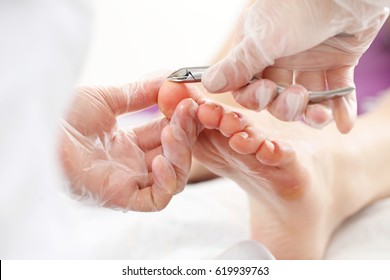 Professional pedicure in the beauty salon. The beautician cuts the skin with fingernails and performs professional pedicure.
